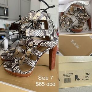 Michael Kors Snakeskin Lace-Up Heels - Black and Tan